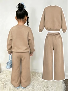 Girls' Fashionable Comfortable Gradient Heart Print Crew Neck Long Sleeve Sweatshirt And Wide Leg Pants 2pcs Set In Khaki Autumn Winter - White - View 2