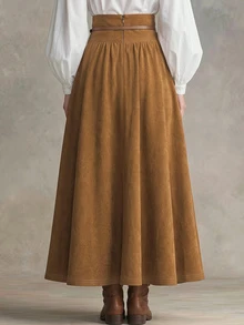 SHEIN Women's Solid Color Pleated Casual Versatile Everyday Skirt - Brown - View 2
