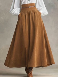 SHEIN Women's Solid Color Pleated Casual Versatile Everyday Skirt - Brown - View 3