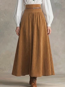 SHEIN Women's Solid Color Pleated Casual Versatile Everyday Skirt - Brown - View 4