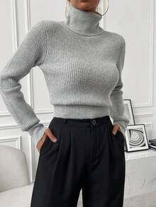 SHEIN Jersey de cuello alto de punto acanalado, parte superior de manga larga de punto, jersey de punto para otoño e invierno - Gris - Ver 7
