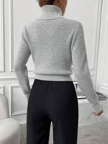 SHEIN Jersey de cuello alto de punto acanalado, parte superior de manga larga de punto, jersey de punto para otoño e invierno - Gris - Ver 3