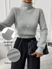 SHEIN Jersey de cuello alto de punto acanalado, parte superior de manga larga de punto, jersey de punto para otoño e invierno - Gris - Ver 4