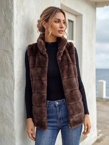 Faunlyn 女款復古休閒優雅拉鍊人造毛背心外套 時尚日常外出穿搭 棕色系 冬季 - 棕色 - 查看 5