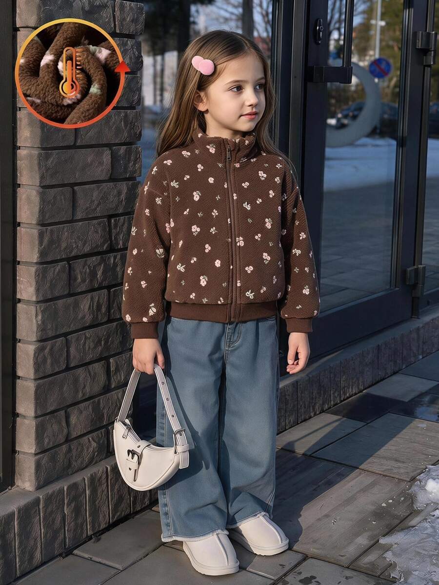 Young Girls Sweet Vintage Floral Fuzzy Zip-Up Jacket, Suitable For Daily Casual Outings, Spring/Autumn/Winter - Brown - View 1