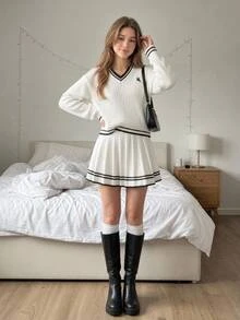 SHEIN Teen Girls Sweater Set, Long Sleeve V-Neck Pullover Top With Striped Mini Skirt, Black And White, Suitable For Spring, Autumn, Winter, Preppy Style - White - View 6
