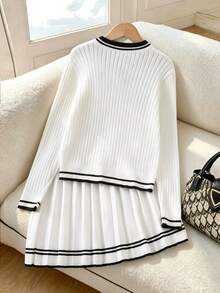 SHEIN Teen Girls Sweater Set, Long Sleeve V-Neck Pullover Top With Striped Mini Skirt, Black And White, Suitable For Spring, Autumn, Winter, Preppy Style - White - View 2