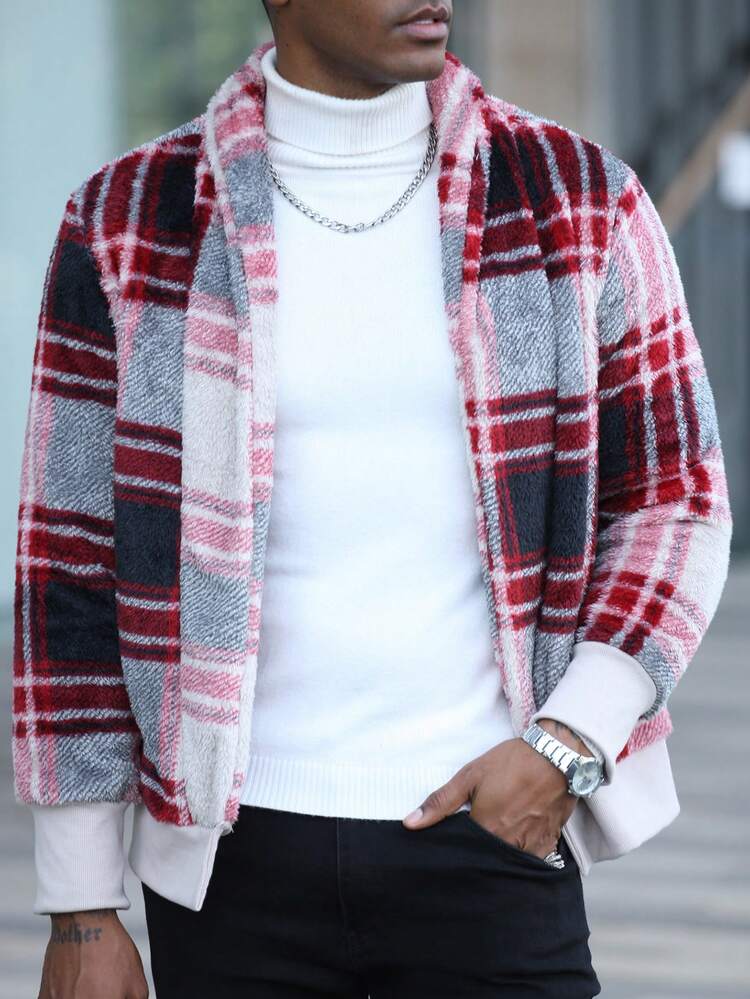 Manfinity Homme Men's Plaid Casual Versatile Daily Commute Shawl Collar Long Sleeve Jacket - black red - View 1