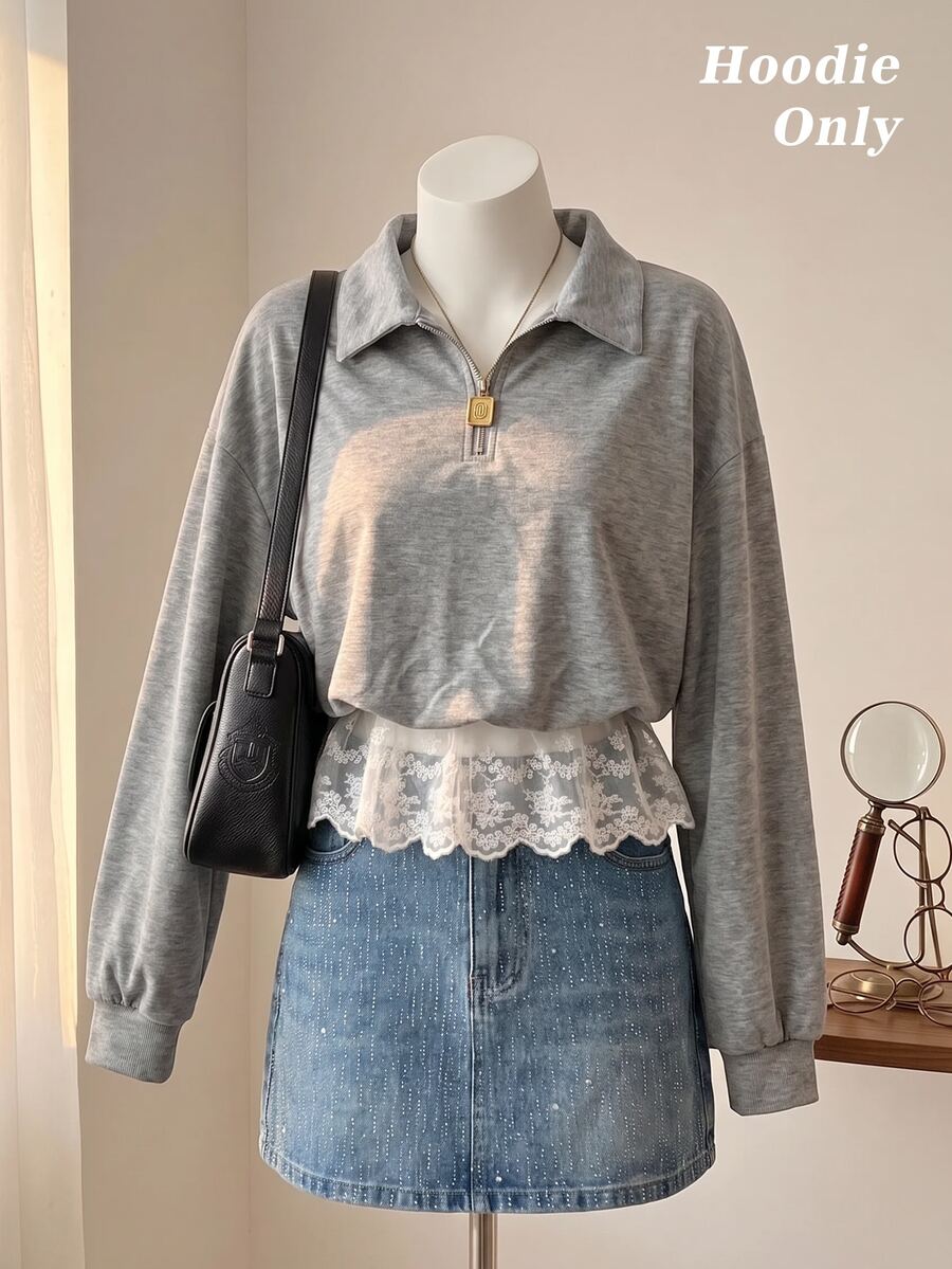 SHEIN MOD Gray Loose Fit Embroidered Lace Trim Turn Collar Stand Collar Sweatshirt Everyday School Autumn Elegant Preppy - Grey - View 1
