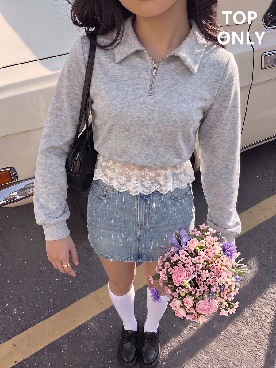 SHEIN MOD 灰色寬鬆版型刺繡蕾絲飾邊翻領立領運動衫,日常上學穿搭,秋季優雅學院風 - 灰色 - 查看 1