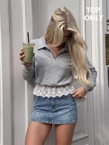 SHEIN MOD 灰色寬鬆版型刺繡蕾絲飾邊翻領立領運動衫，日常上學穿搭，秋季優雅學院風 - 灰色 - 查看 8