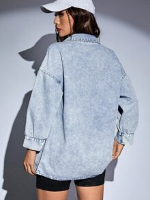SHEIN ICON 落肩袖前紐扣牛仔襯衫不附吊帶上衣 - 中等水洗藍 - 查看 5