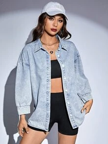 SHEIN ICON 落肩袖前紐扣牛仔襯衫不附吊帶上衣 - 中等水洗藍 - 查看 4