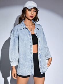 SHEIN ICON 落肩袖前紐扣牛仔襯衫不附吊帶上衣 - 中等水洗藍 - 查看 6