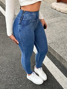 SHEIN EZwear Women's Casual Stretchy Skinny Cropped Denim Jeans, Blue - Blue - View 5