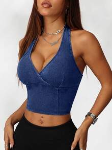 SHEIN EZwear 女款休閒性感掛脖緊身彈性海軍藍牛仔上衣，適合夜晚外出與夏季穿著 - 深色水洗藍 - 查看 2
