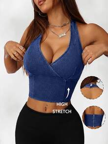 SHEIN EZwear 女款休閒性感掛脖緊身彈性海軍藍牛仔上衣，適合夜晚外出與夏季穿著 - 深色水洗藍 - 查看 6