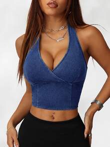 SHEIN EZwear 女款休閒性感掛脖緊身彈性海軍藍牛仔上衣，適合夜晚外出與夏季穿著 - 深色水洗藍 - 查看 4