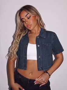 SHEIN ICON Casual Loose Short Sleeve Women's Denim Cropped Shirt, Suitable For Summer Denim Jacket - Dark Wash - View 1