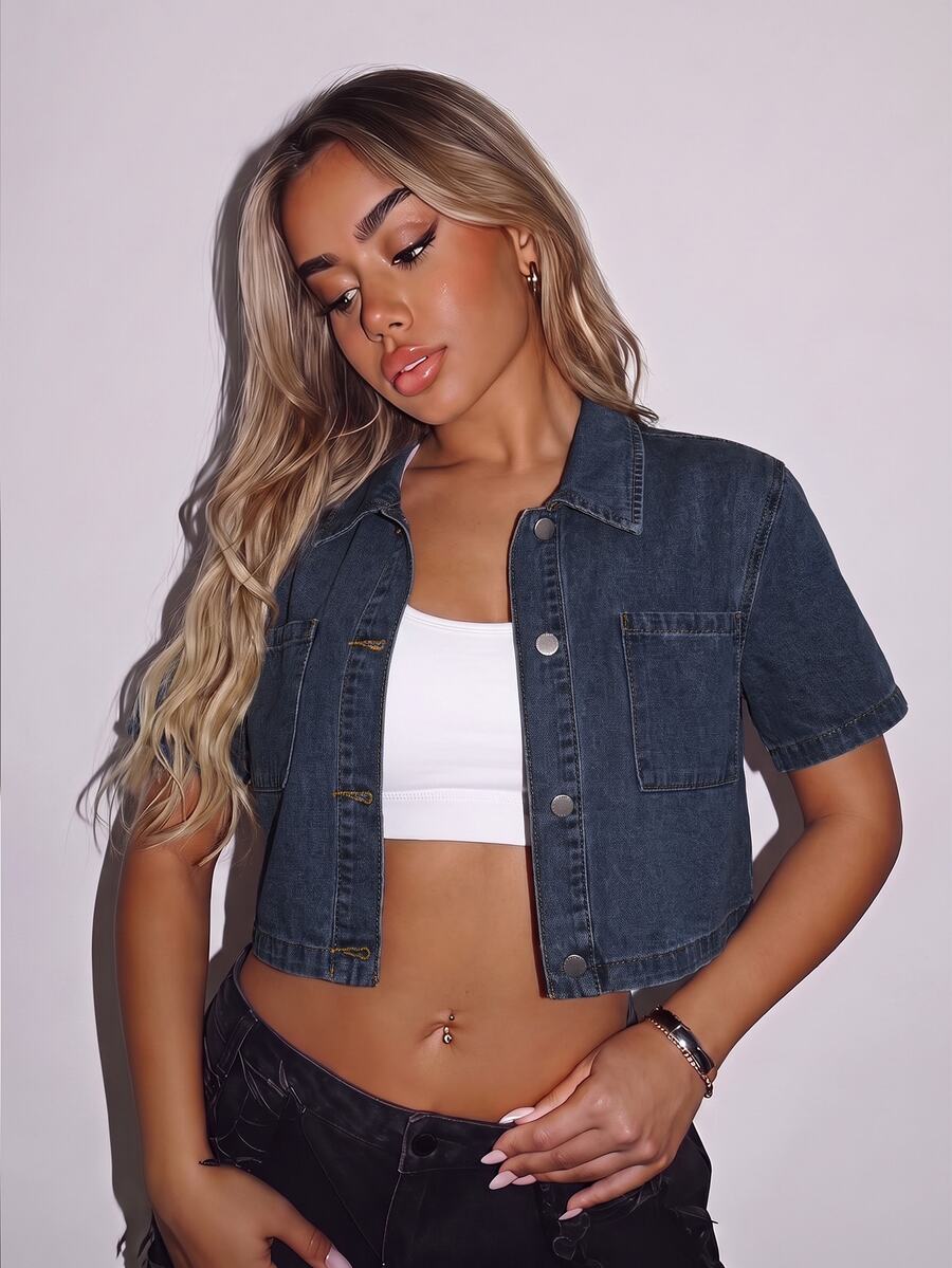 SHEIN ICON Casual Loose Short Sleeve Women's Denim Cropped Shirt, Suitable For Summer Denim Jacket - Dark Wash - View 1