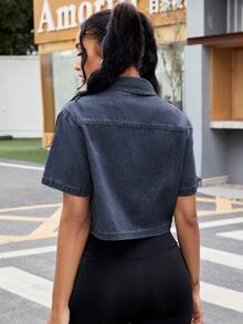 SHEIN ICON Casual Loose Short Sleeve Women's Denim Cropped Shirt, Suitable For Summer Denim Jacket - Dark Wash - View 3