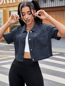 SHEIN ICON Casual Loose Short Sleeve Women's Denim Cropped Shirt, Suitable For Summer Denim Jacket - Dark Wash - View 4