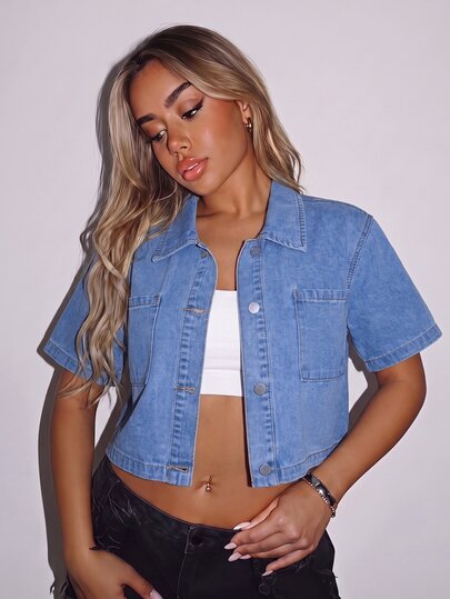 SHEIN ICON Women Denim Tops Kantong Tombol Depan Plain Casual