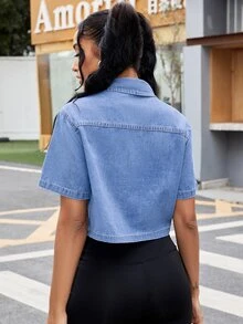 SHEIN ICON Casual Loose Short Sleeve Women's Denim Cropped Shirt, Suitable For Summer Denim Jacket - Light Wash - View 3