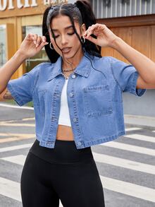 SHEIN ICON Casual Loose Short Sleeve Women's Denim Cropped Shirt, Suitable For Summer Denim Jacket - Light Wash - View 5