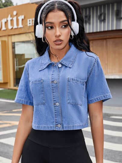 SHEIN ICON Casual Loose Short Sleeve Women's Denim Cropped Shirt, Suitable For Summer Denim Jacket