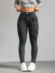 SHEIN EZwear 女士休闲紧身弹力七分牛仔裤，黑色 - 黑色 - 查看 2