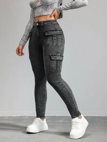 SHEIN EZwear 女士休闲紧身弹力七分牛仔裤，黑色 - 黑色 - 查看 7