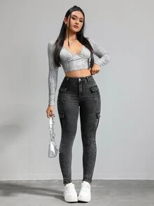 SHEIN EZwear 女士休闲紧身弹力七分牛仔裤，黑色 - 黑色 - 查看 5