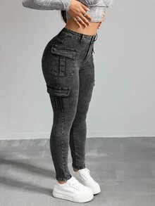 SHEIN EZwear 女士休闲紧身弹力七分牛仔裤，黑色 - 黑色 - 查看 6