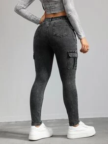 SHEIN EZwear 女士休闲紧身弹力七分牛仔裤，黑色 - 黑色 - 查看 3