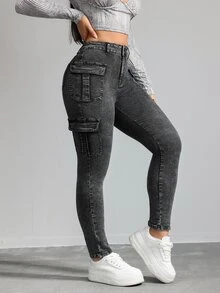 SHEIN EZwear 女士休闲紧身弹力七分牛仔裤，黑色 - 黑色 - 查看 4