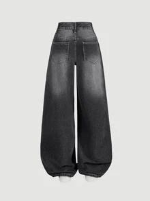 SHEIN ICON Women Casual Front Button Pocket Loose Fit Denim Pants - Grey - View 3