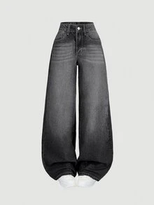 SHEIN ICON Women Casual Front Button Pocket Loose Fit Denim Pants - Grey - View 4