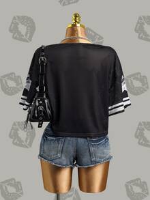Betty Boop x SHEIN Women's Contrast Lace Short Sleeve Casual T-Shirt, - Black - View 3