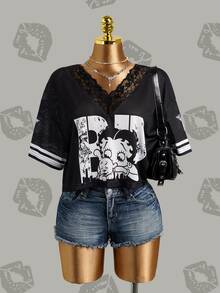 Betty Boop x SHEIN Women's Contrast Lace Short Sleeve Casual T-Shirt, - Black - View 2