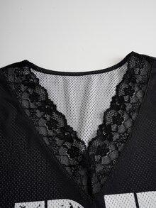 Betty Boop x SHEIN Women's Contrast Lace Short Sleeve Casual T-Shirt, - Black - View 9