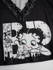 Betty Boop x SHEIN Women's Contrast Lace Short Sleeve Casual T-Shirt, - Black - View 10