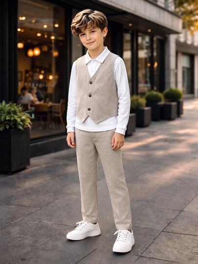 SHEIN 3pcs Kids Tween Boy Casual Comfortable Long Sleeve White T-Shirt Polo Shirt + Khaki Vest + Suit Pants Gentleman Outfit Set, Suitable For Spring, Summer, Autumn, Winter, Outings, Dates, Travel, Vacation, Family Gatherings, Back To School, Wedding Season, Evening Parties, Sports, Birthday Parties