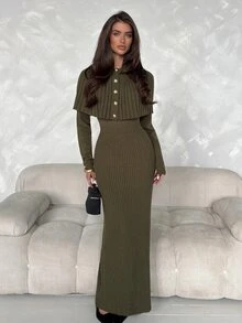 Aloruh فستان كنزة نسائي فضفاض بتصميم دانتيل مرقع مثير، أسلوب جديد للخريف/الشتاء - أخضر - مشاهدة 7