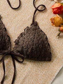 SHEIN Swim 女士夏季新款沙滩度假可爱碎花系带三角比基尼上衣，性感露背网纱泳装 - 咖啡棕 - 查看 4