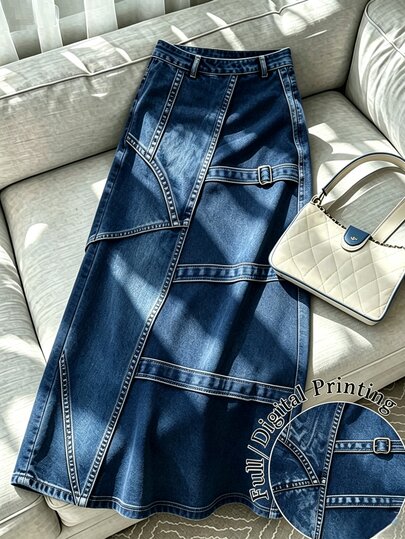 GlowEve CURVE Rok Panjang Model A-Line Kasual Efek Denim Vintage untuk Wanita Ukuran Plus, Gaya Jalanan Serbaguna, Rok Panjang Modis untuk Pemakaian Sehari-hari, Cocok untuk Musim Semi, Musim Panas, Musim Gugur, Musim Dingin