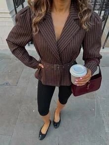 Aloruh Women's Striped Pleated Casual Commute Blazer Boho Jacket Aviator Jacket Autumn Clothes Work Outfits For Women - Coffee Brown - View 4