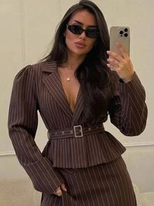 Aloruh Women's Striped Pleated Casual Commute Blazer Boho Jacket Aviator Jacket Autumn Clothes Work Outfits For Women - Coffee Brown - View 1