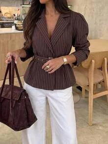 Aloruh Women's Striped Pleated Casual Commute Blazer Boho Jacket Aviator Jacket Autumn Clothes Work Outfits For Women - Coffee Brown - View 6