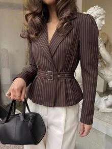 Aloruh Women's Striped Pleated Casual Commute Blazer Boho Jacket Aviator Jacket Autumn Clothes Work Outfits For Women - Coffee Brown - View 8